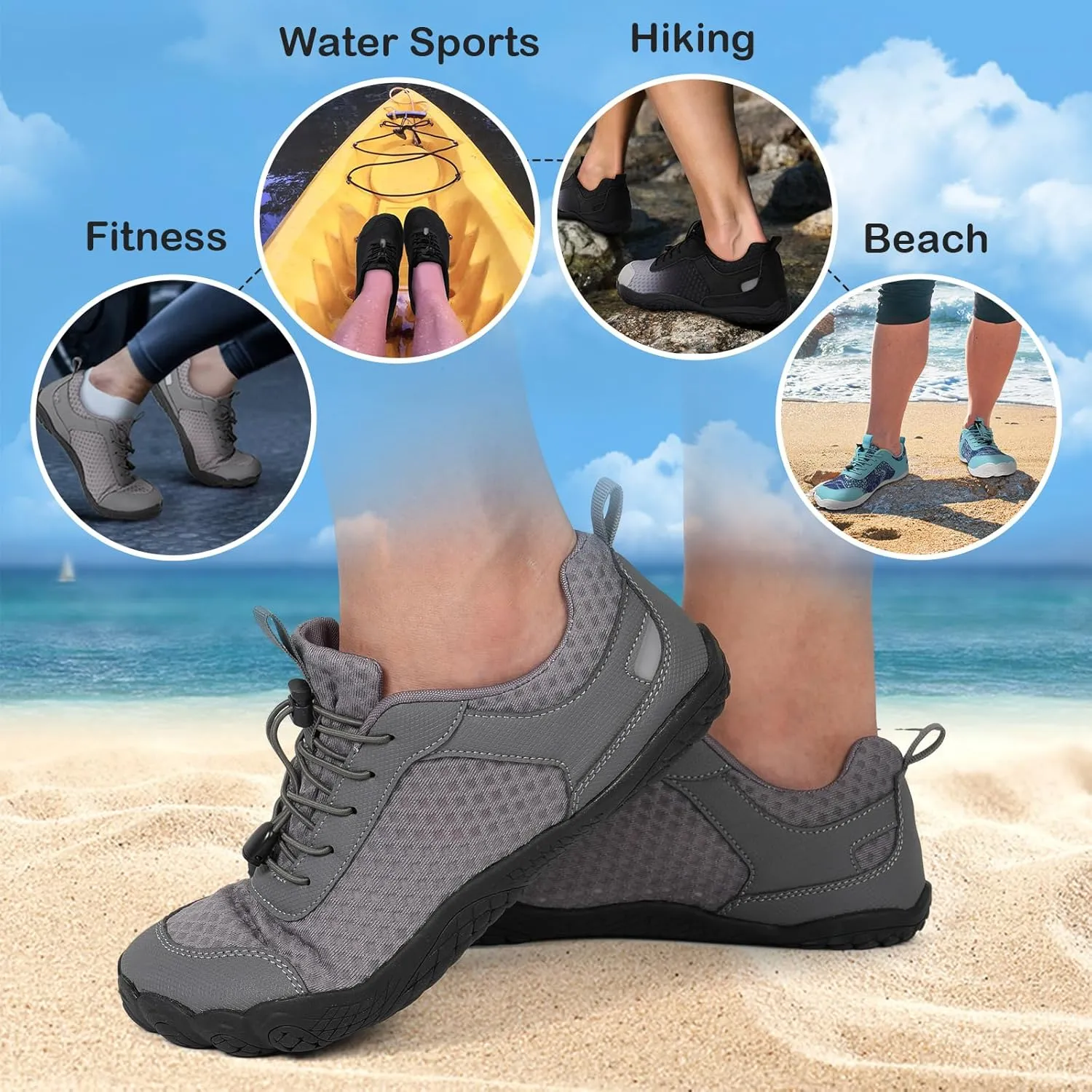 BARERUN Water Shoes Women Men Quick-Dry Wide Toe Athletic Hiking Water Sports Shoes Adjustable Zero Drop Barefoot Shoes for Beach Swim Kayaking Surfing Walking Training