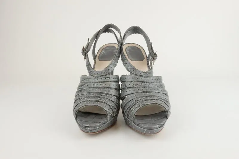Christian Dior Bonnie Platform Sandals Gray Croc-Embossed Leather Size 38.5