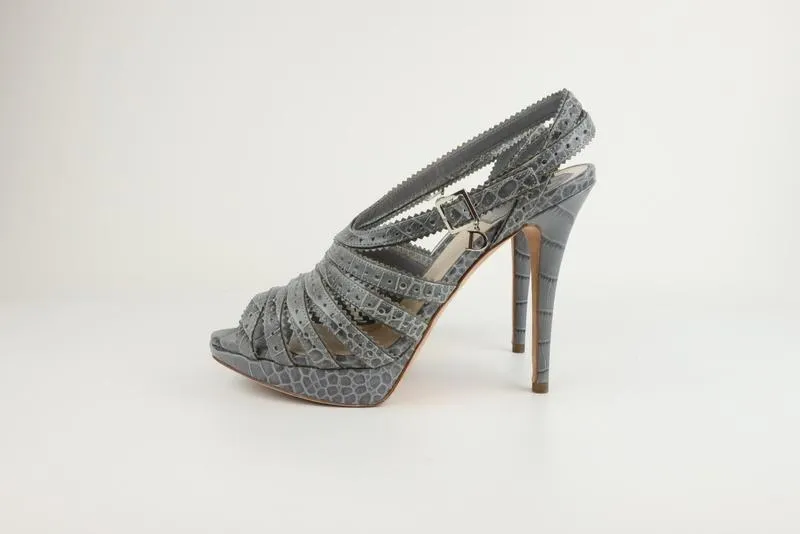Christian Dior Bonnie Platform Sandals Gray Croc-Embossed Leather Size 38.5