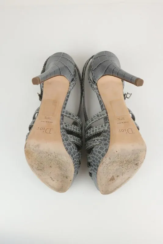 Christian Dior Bonnie Platform Sandals Gray Croc-Embossed Leather Size 38.5
