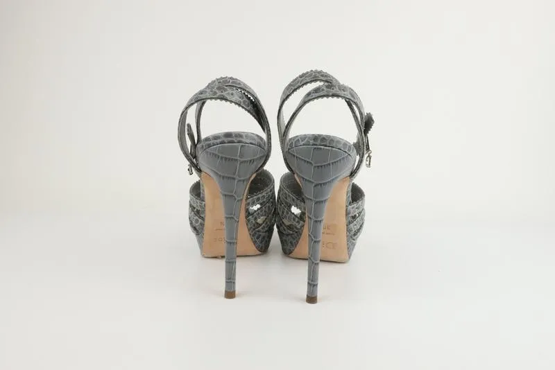 Christian Dior Bonnie Platform Sandals Gray Croc-Embossed Leather Size 38.5