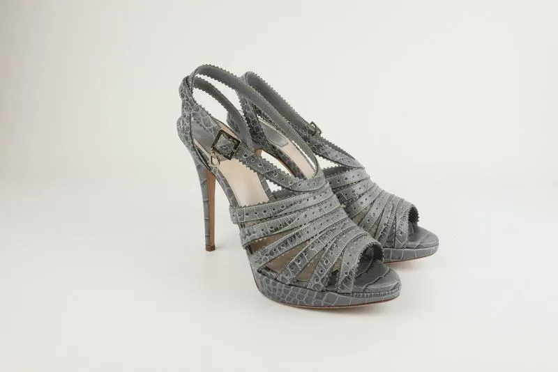 Christian Dior Bonnie Platform Sandals Gray Croc-Embossed Leather Size 38.5