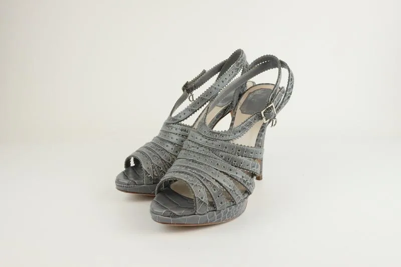 Christian Dior Bonnie Platform Sandals Gray Croc-Embossed Leather Size 38.5
