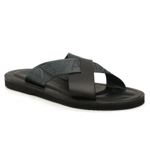 EMPORIO ARMANI LEATHER CROSS-OVER SANDALS WITH LOGO TAPE X4P124-GRN