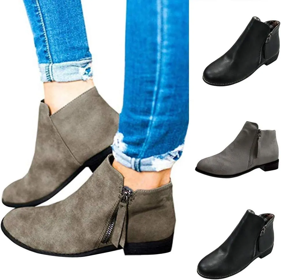 Gibobby Ankle Boots for Women Low Heel,Ankle Booties Round Toe Faux Stacked Chunky Heel Side Lace Up Short Winter Booties