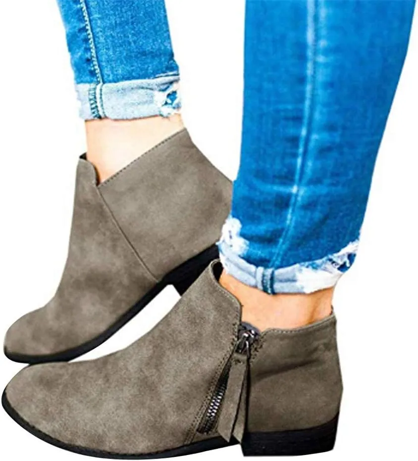 Gibobby Ankle Boots for Women Low Heel,Ankle Booties Round Toe Faux Stacked Chunky Heel Side Lace Up Short Winter Booties