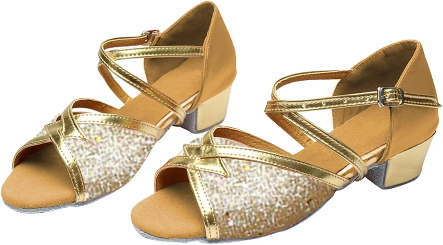 Kids Girls Latin Dance Shoes Low Heel Open Toe Glittering Tango Professional Performance Practice Dancing Shoes