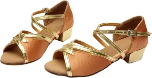 Kids Girls Latin Dance Shoes Low Heel Open Toe Glittering Tango Professional Performance Practice Dancing Shoes