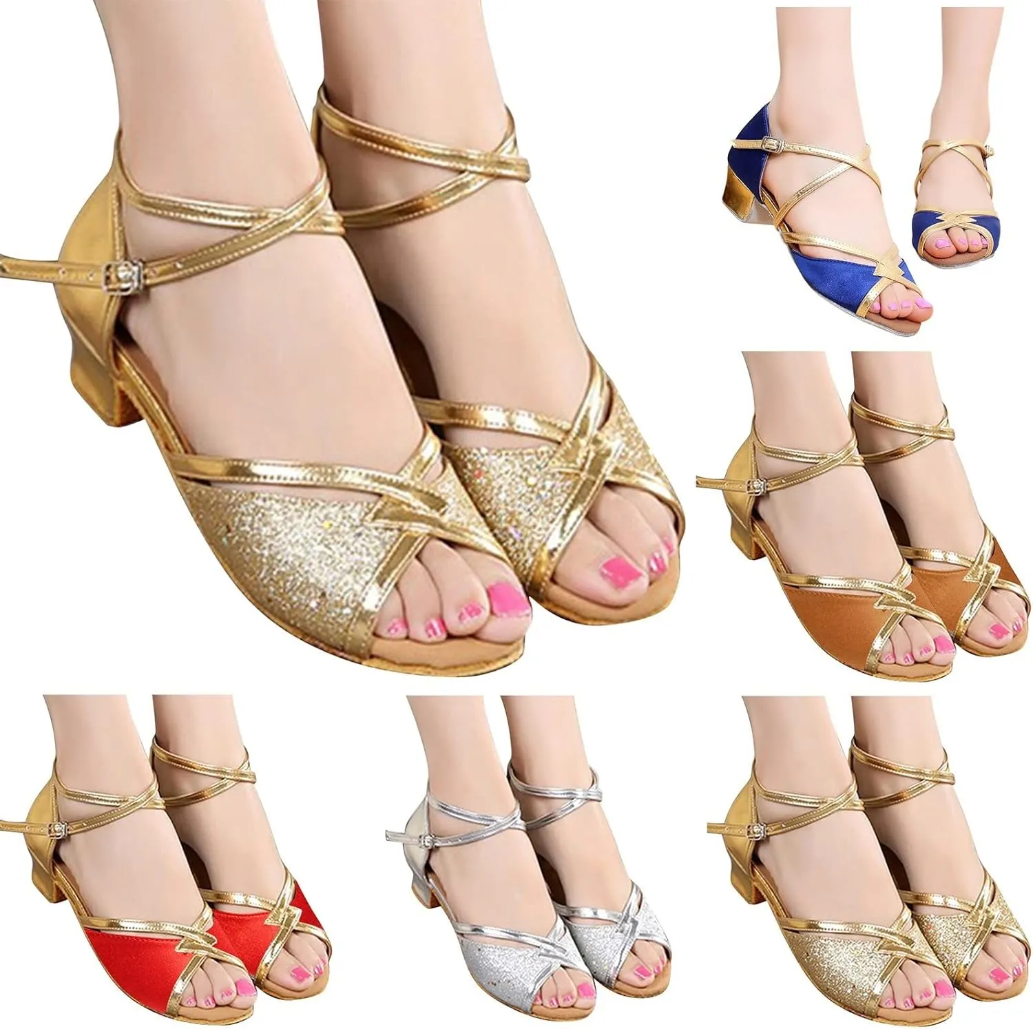Kids Girls Latin Dance Shoes Low Heel Open Toe Glittering Tango Professional Performance Practice Dancing Shoes