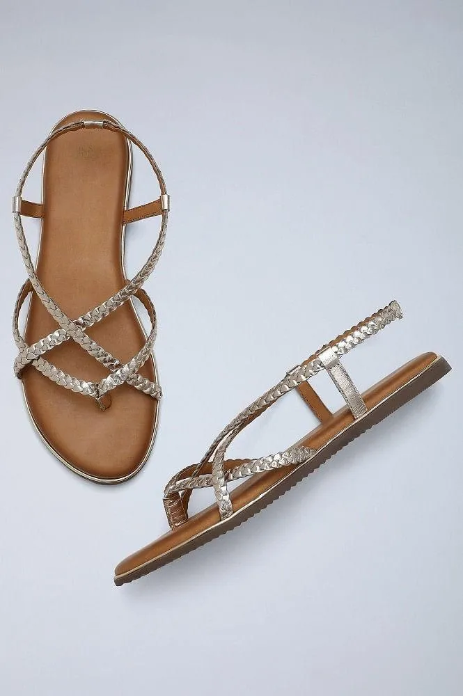 Light Gold Round Toe Braided Sandals