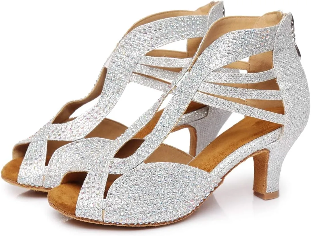 Minishion Women's Latin Salsa Crystals Studded Glitter Zip Dancing Shoes Wedding Ankle Sandals L417