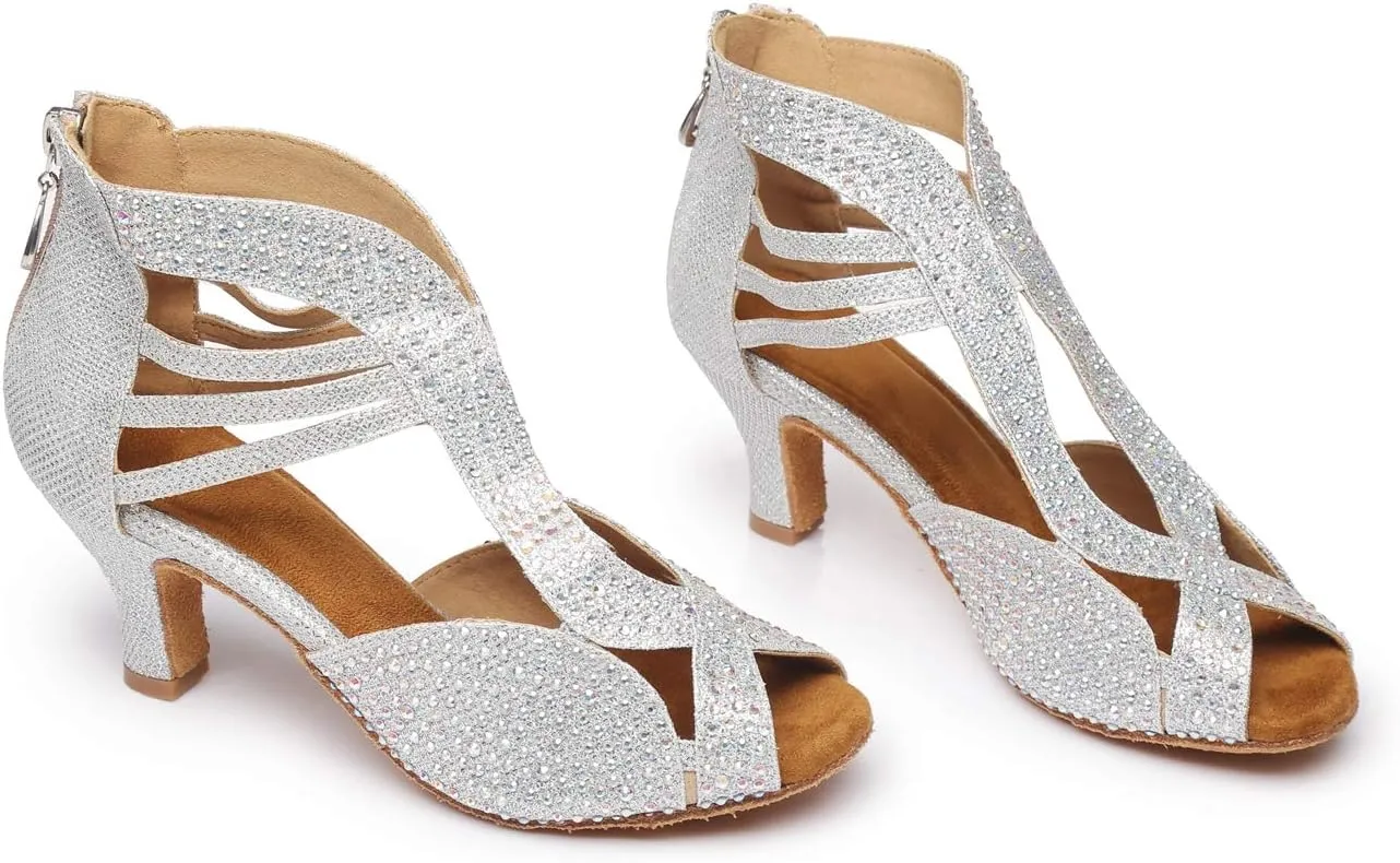 Minishion Women's Latin Salsa Crystals Studded Glitter Zip Dancing Shoes Wedding Ankle Sandals L417