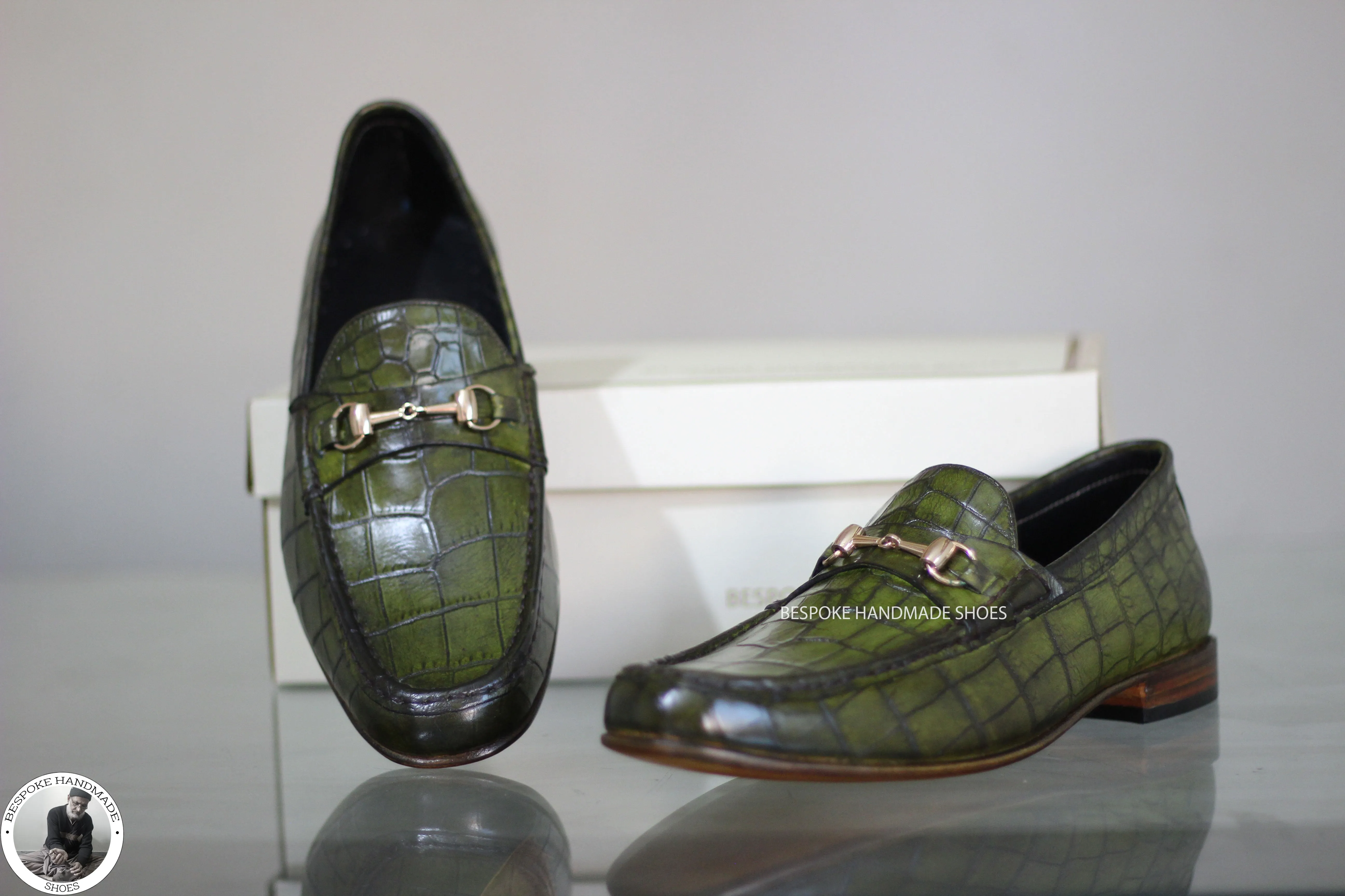 New Handmade Bespoke Genuine Olive Green Leather Slip on Loafers Style Shoes