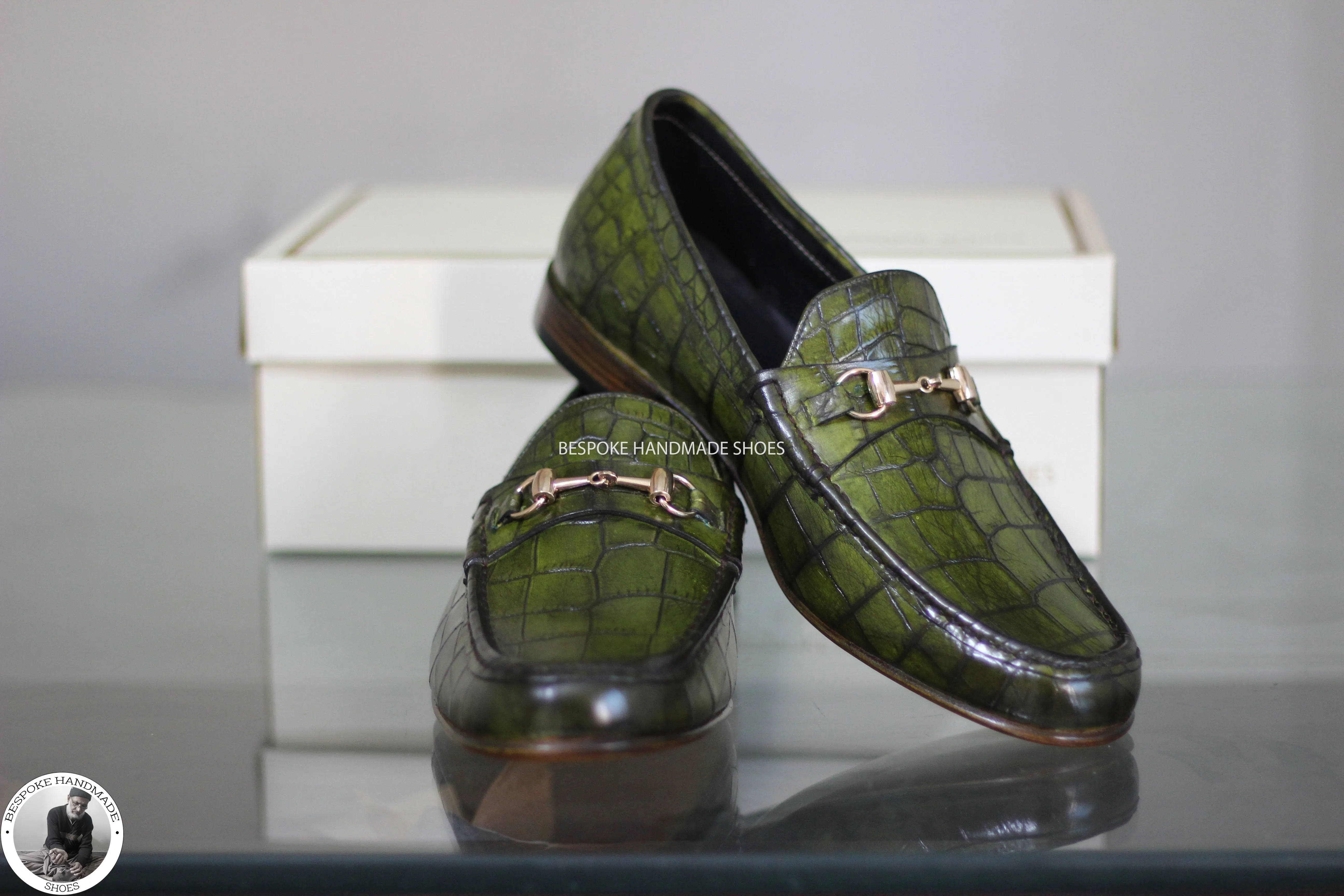 New Handmade Bespoke Genuine Olive Green Leather Slip on Loafers Style Shoes