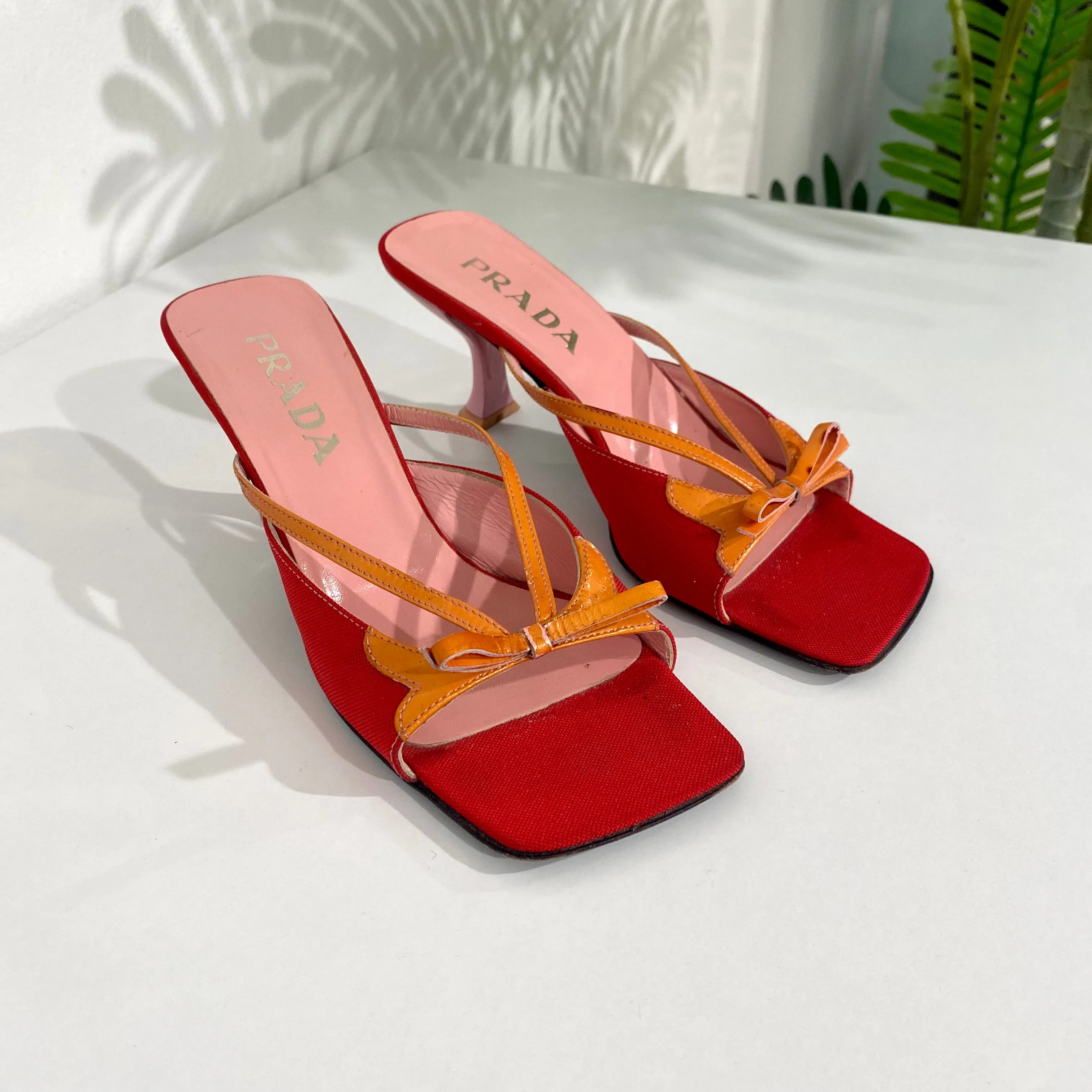 Prada Red and Pink Square Toe Sandals