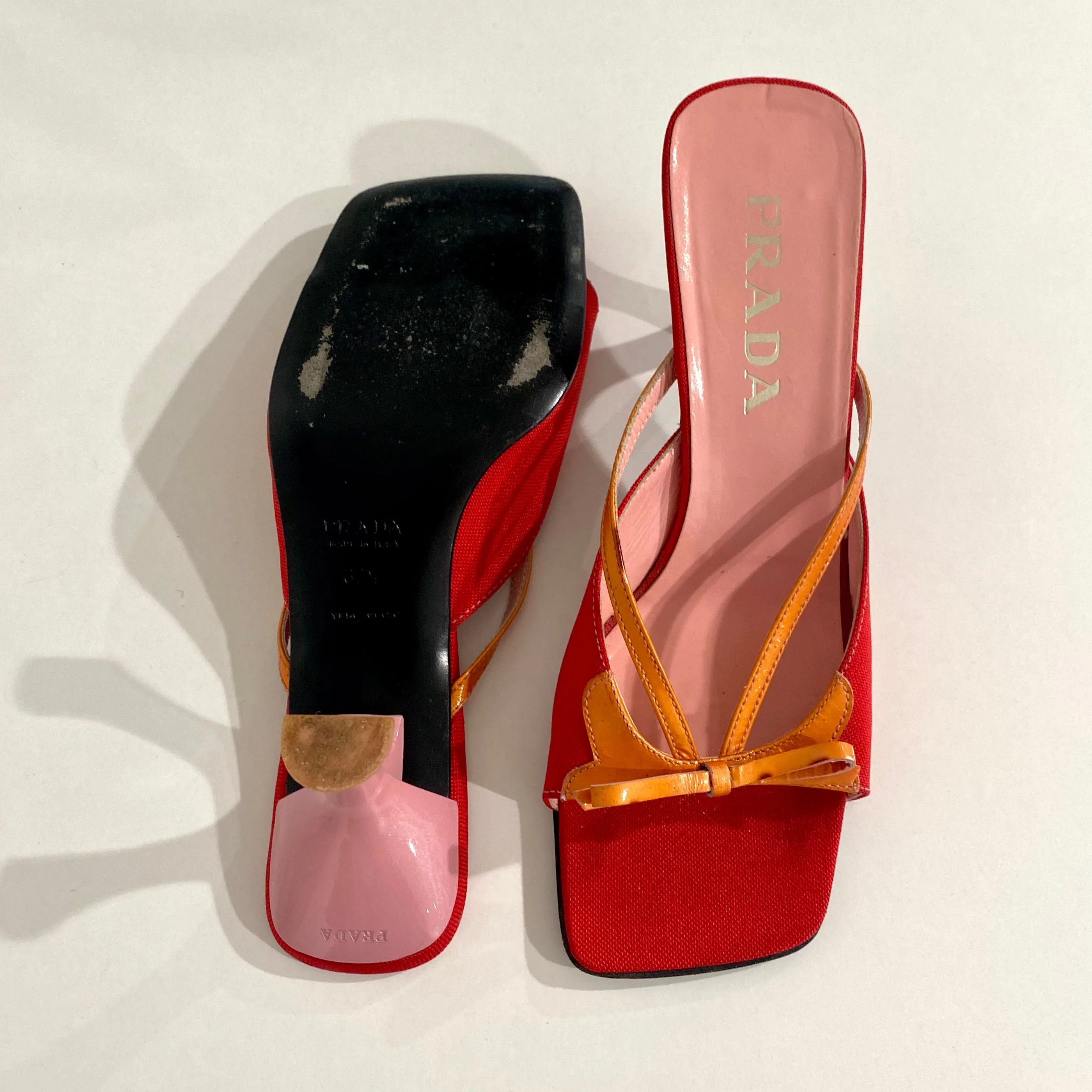 Prada Red and Pink Square Toe Sandals