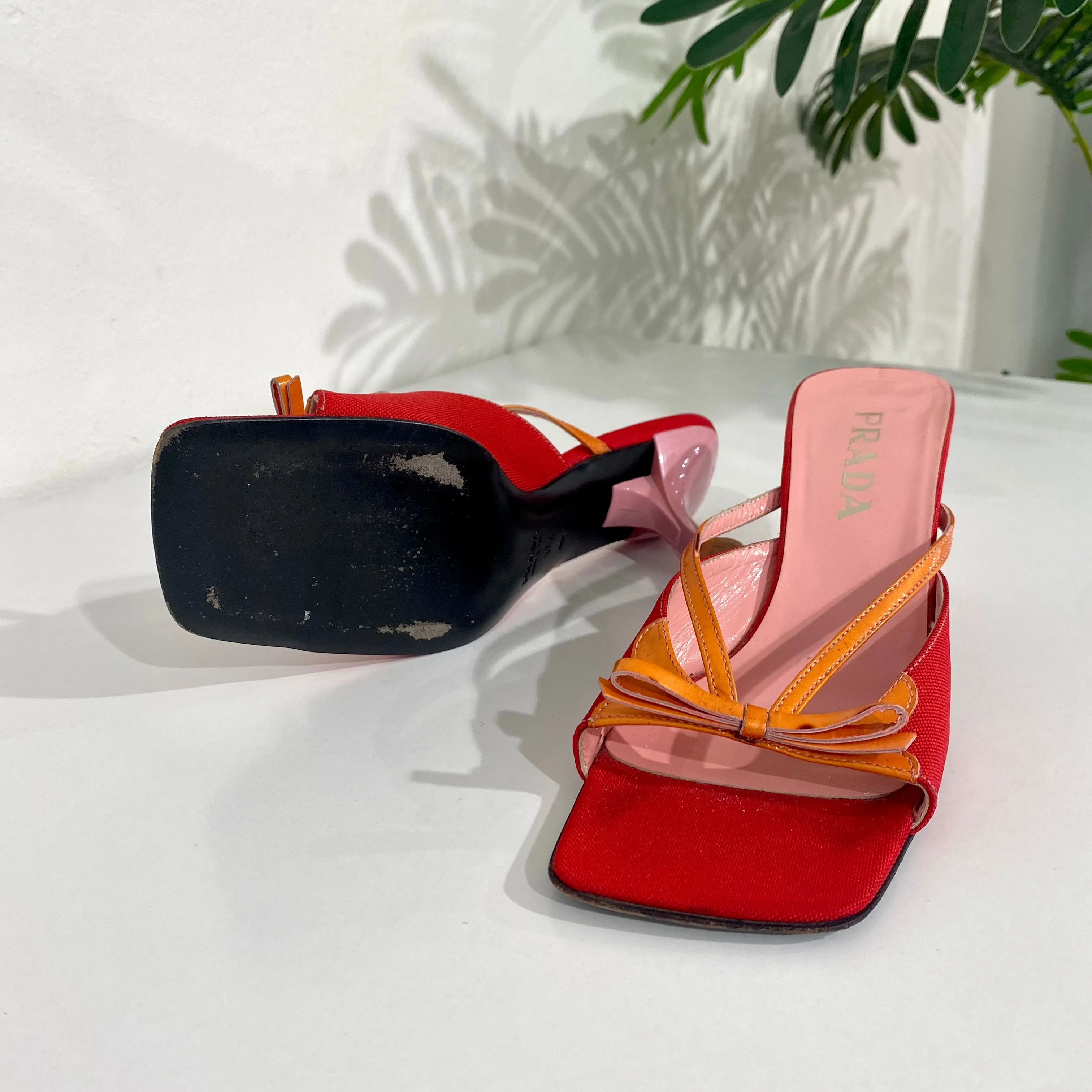 Prada Red and Pink Square Toe Sandals