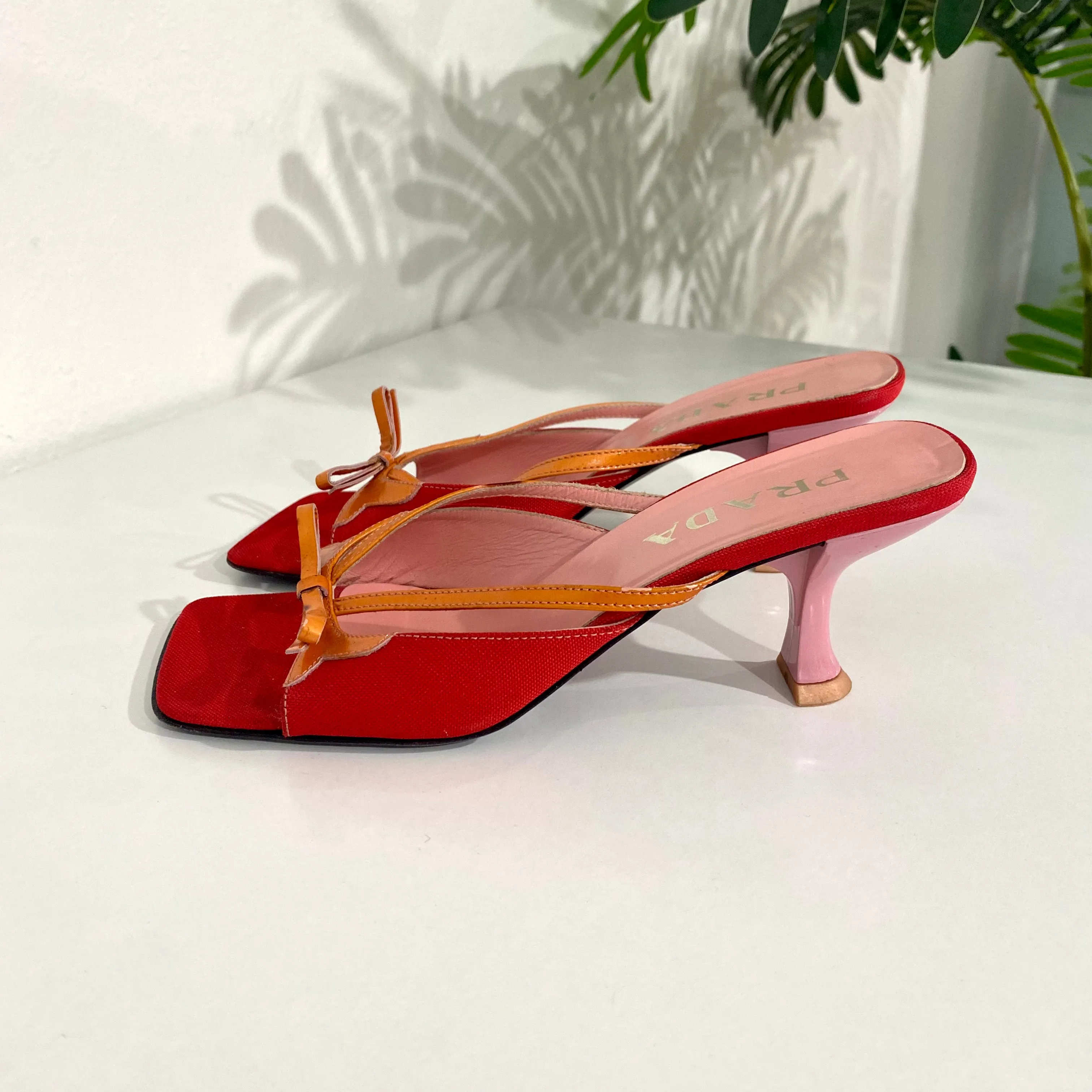 Prada Red and Pink Square Toe Sandals