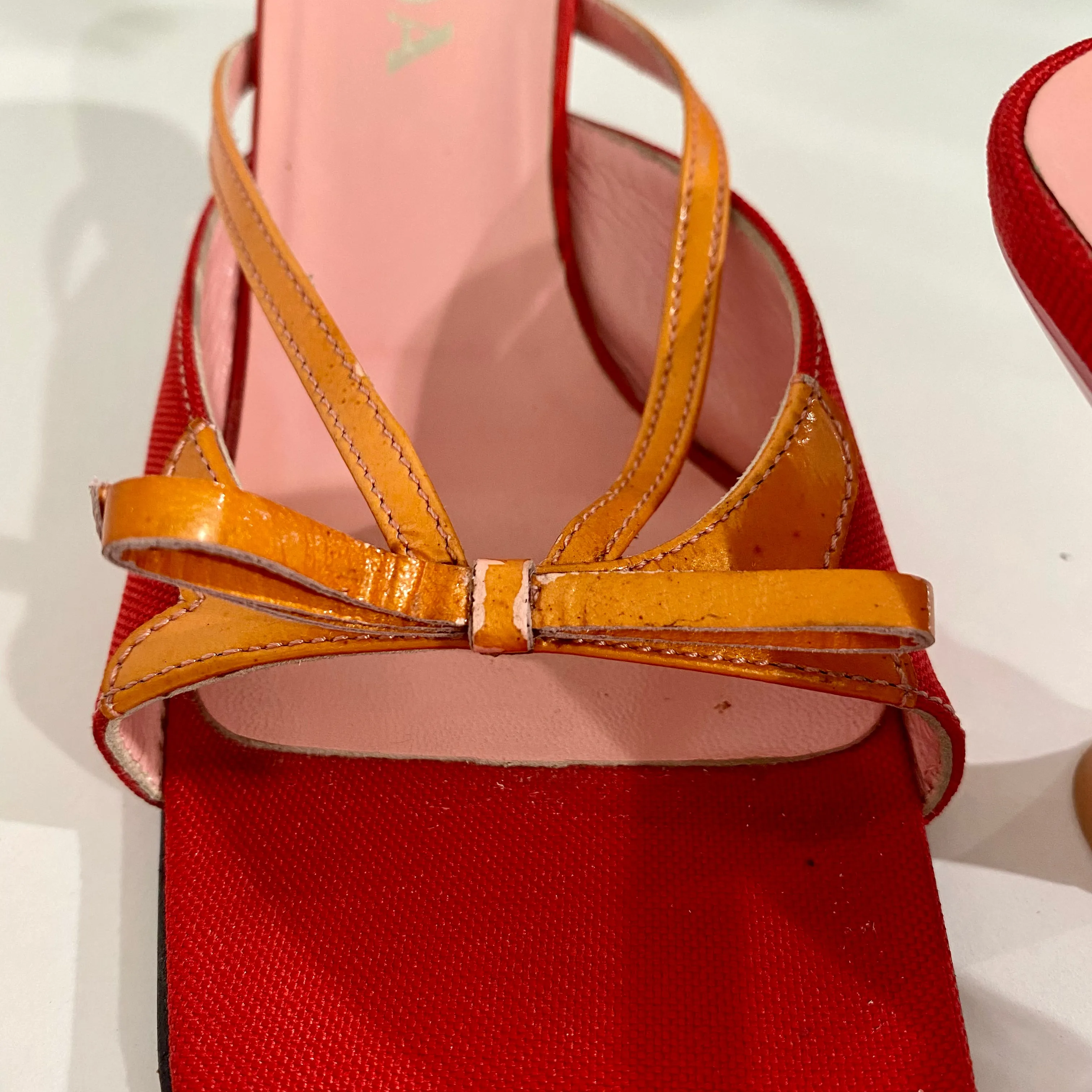 Prada Red and Pink Square Toe Sandals