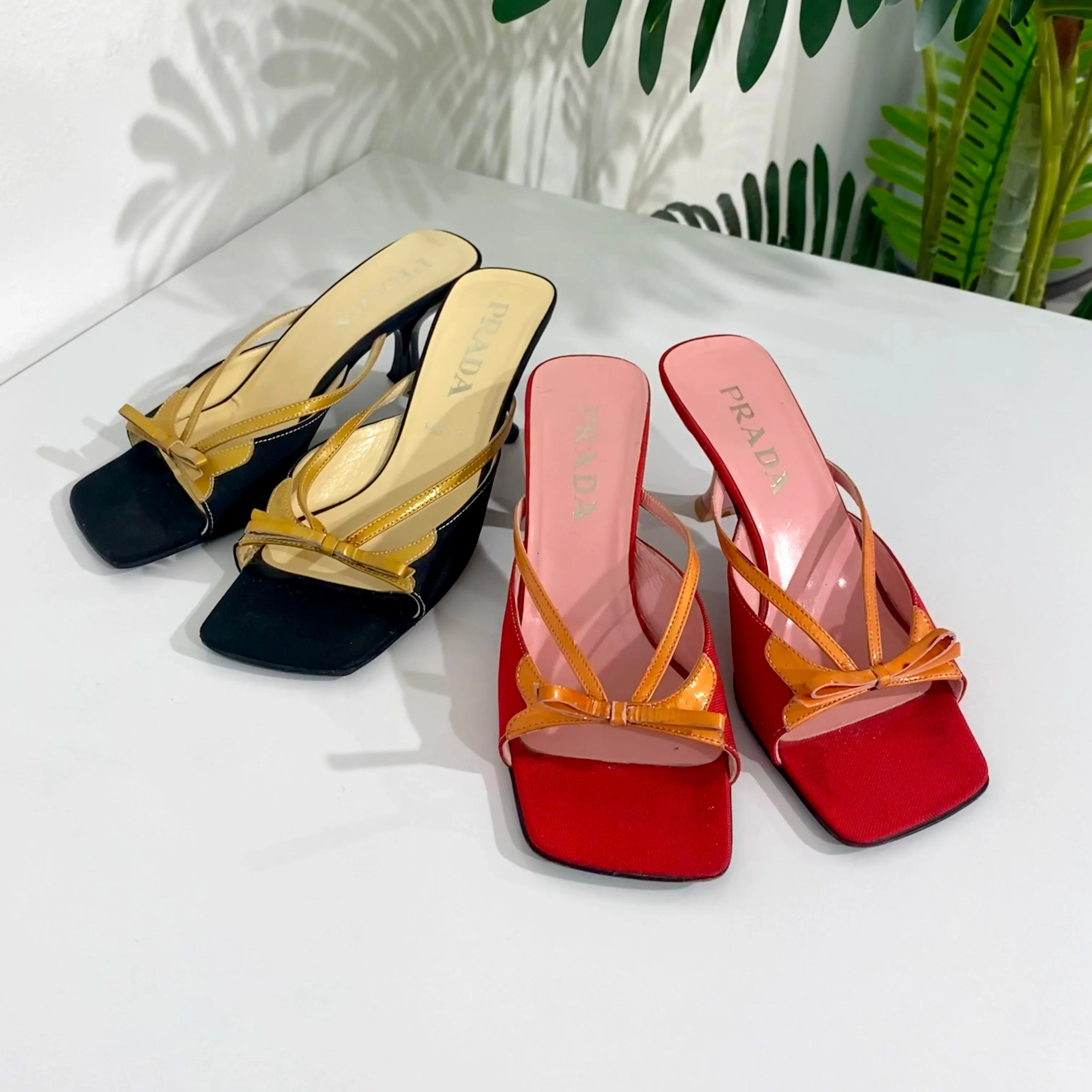 Prada Red and Pink Square Toe Sandals