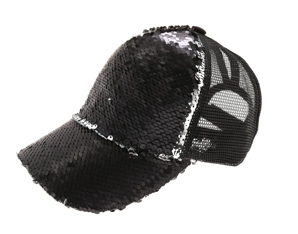 Sequin Mesh Back High Ponytail CC Ball Cap