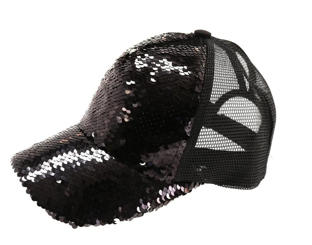 Sequin Mesh Back High Ponytail CC Ball Cap