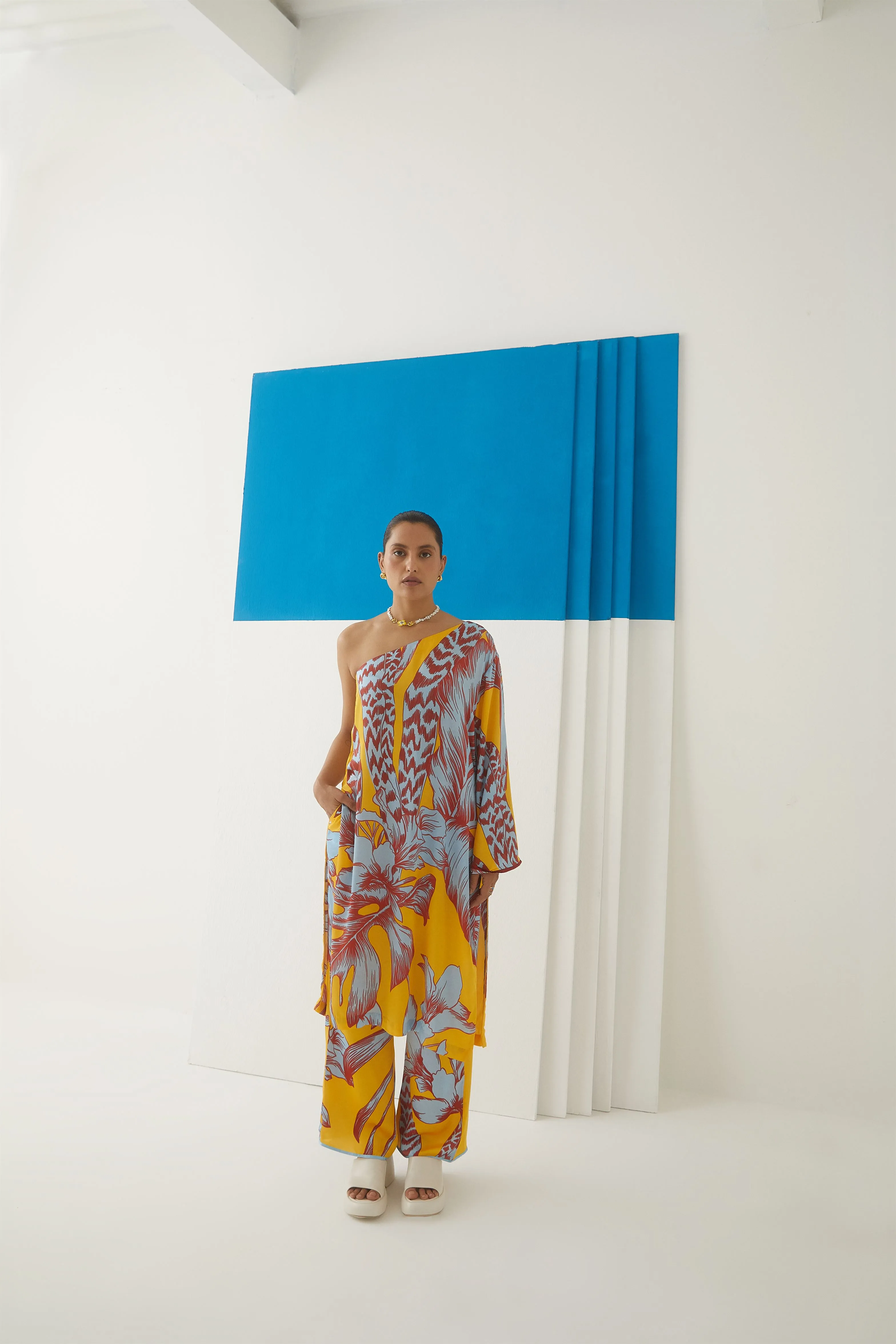 Studio Rigu Sofiyskaya Tropical One Shoulder Kurta With Trousers Side Zipper/ Bell Sleeves Vegan Silk Arcadia Collection