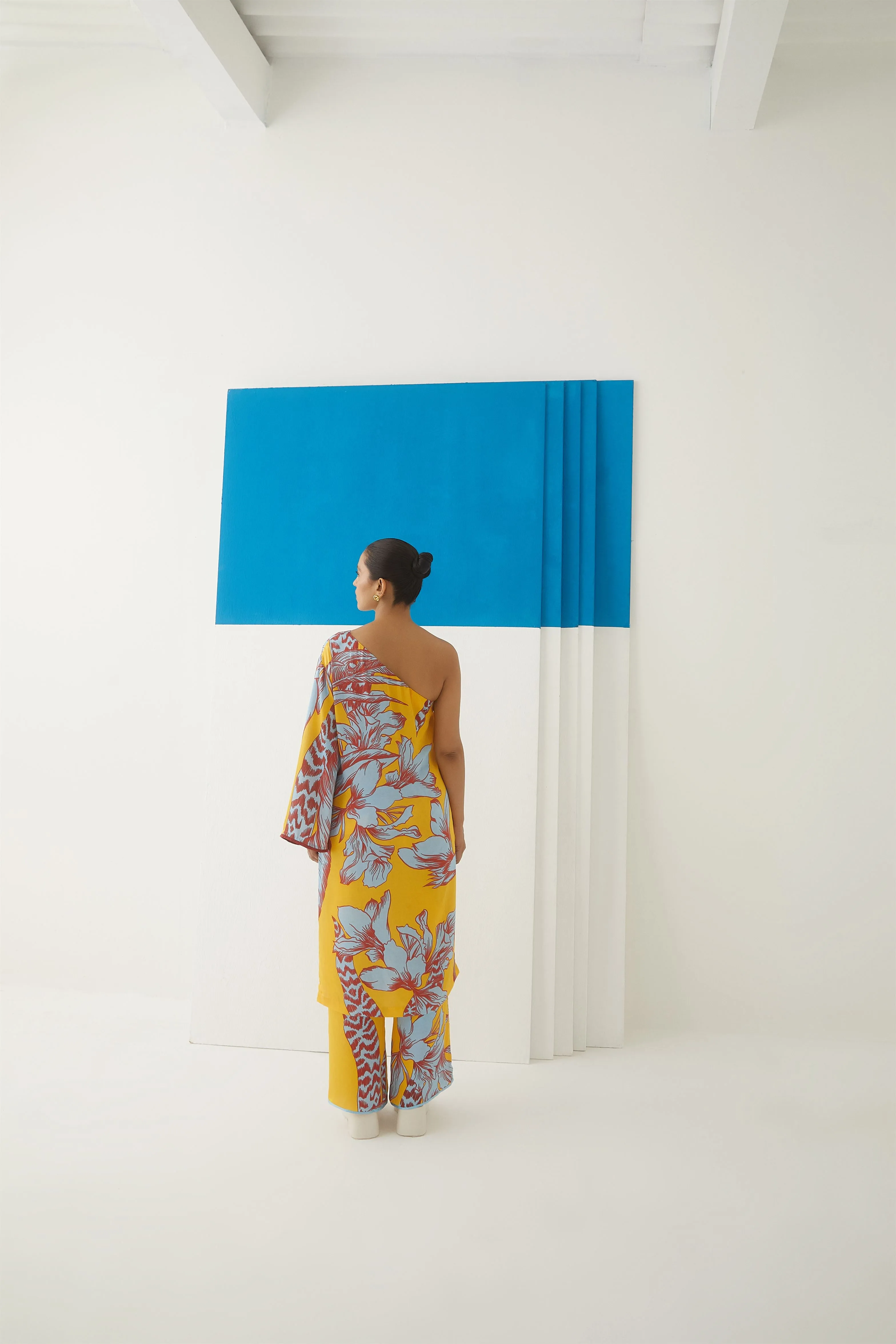 Studio Rigu Sofiyskaya Tropical One Shoulder Kurta With Trousers Side Zipper/ Bell Sleeves Vegan Silk Arcadia Collection