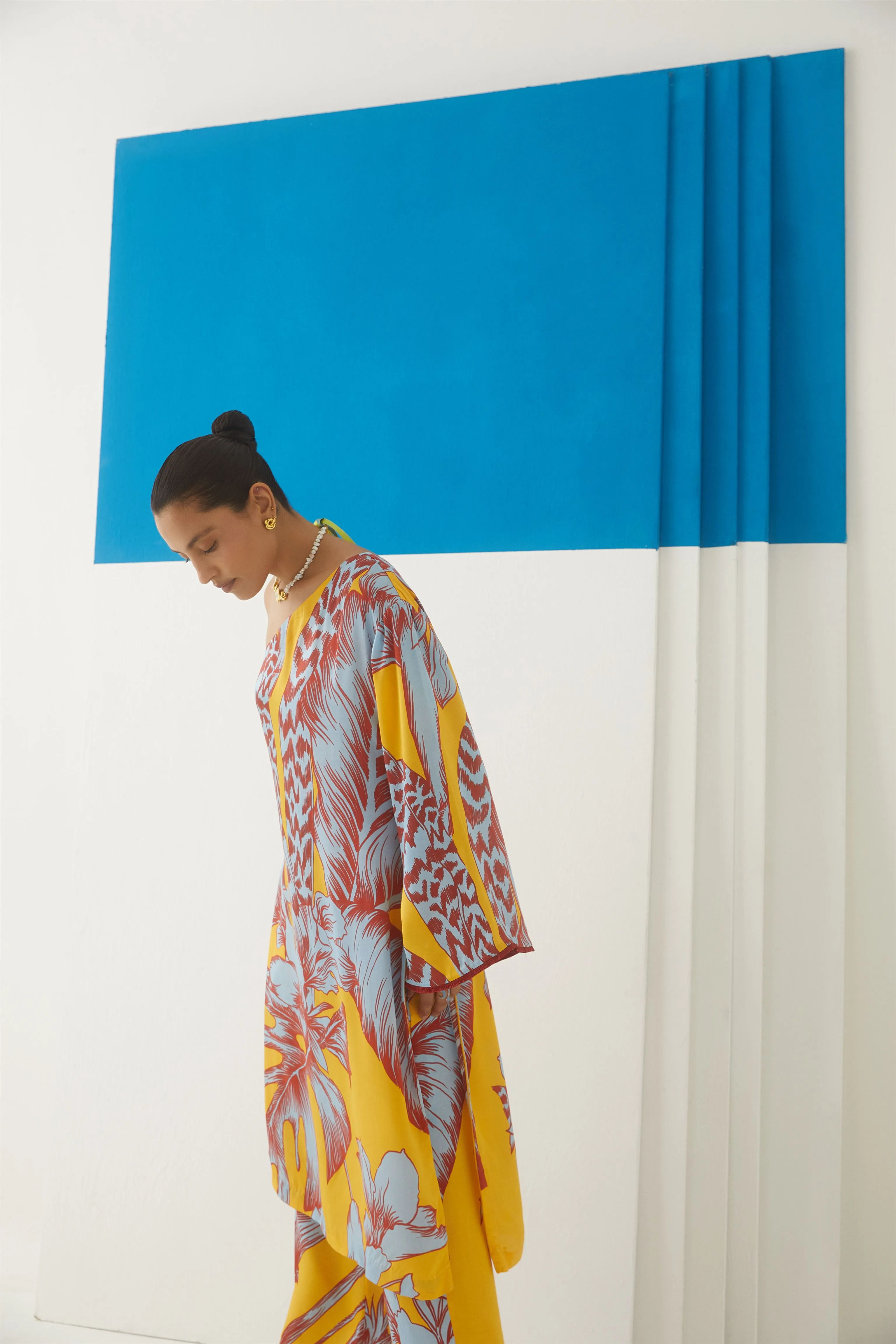 Studio Rigu Sofiyskaya Tropical One Shoulder Kurta With Trousers Side Zipper/ Bell Sleeves Vegan Silk Arcadia Collection