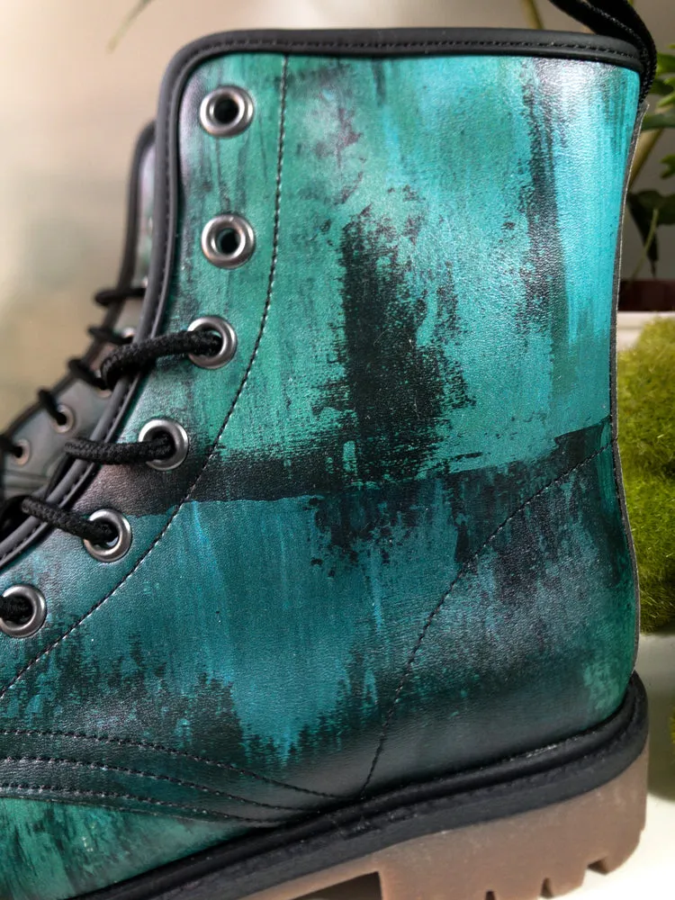 Teal Brushstroke Vegan Combat Boots | Waterproof & Eco-Friendly