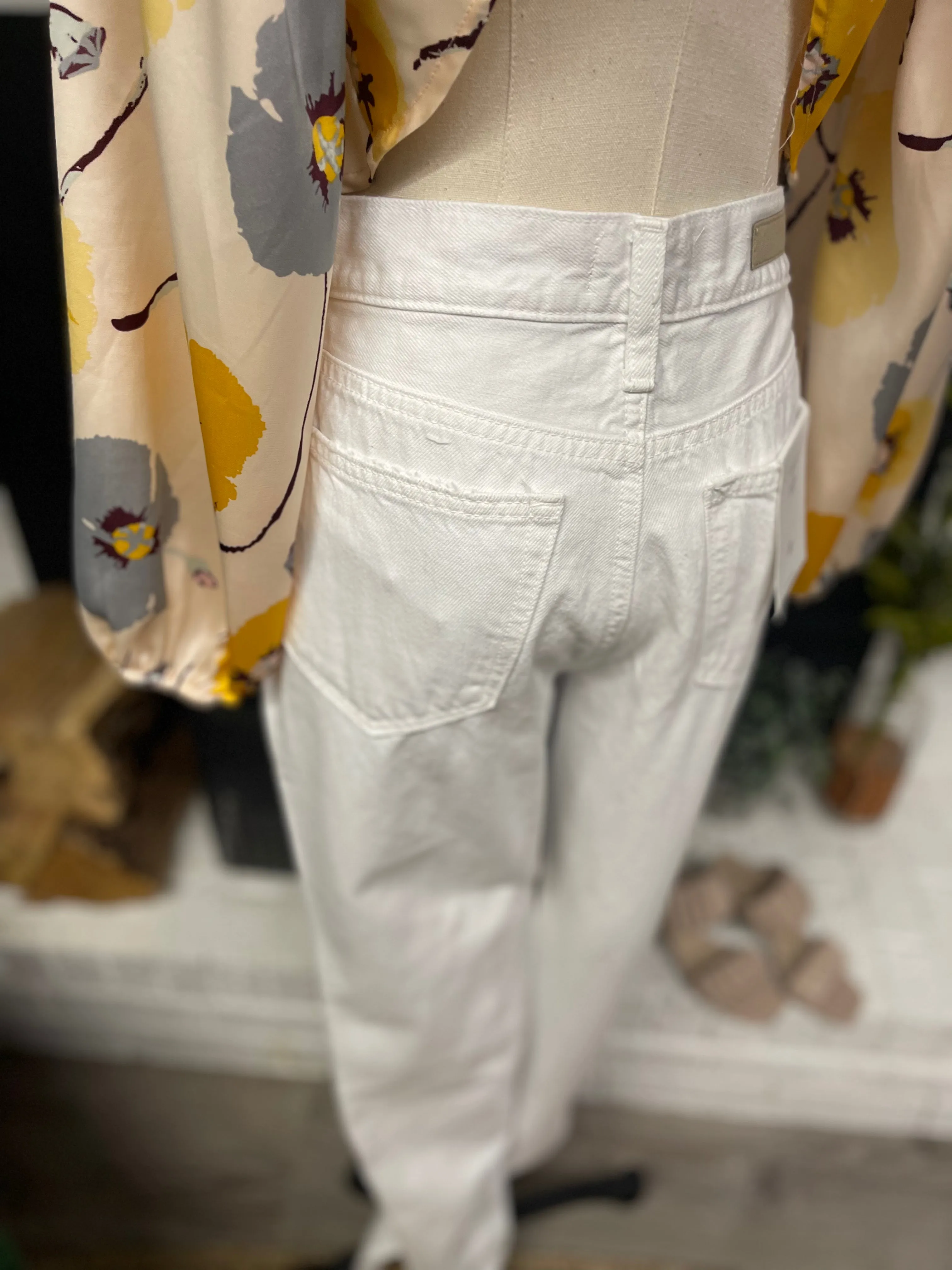 White Side Slit Straight Leg Denim
