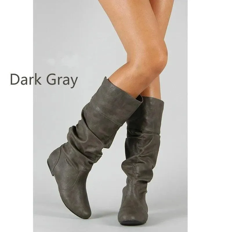 Women's Comfortable Fashion Pleated Long Mid-Calf Slip-On Winter Boots