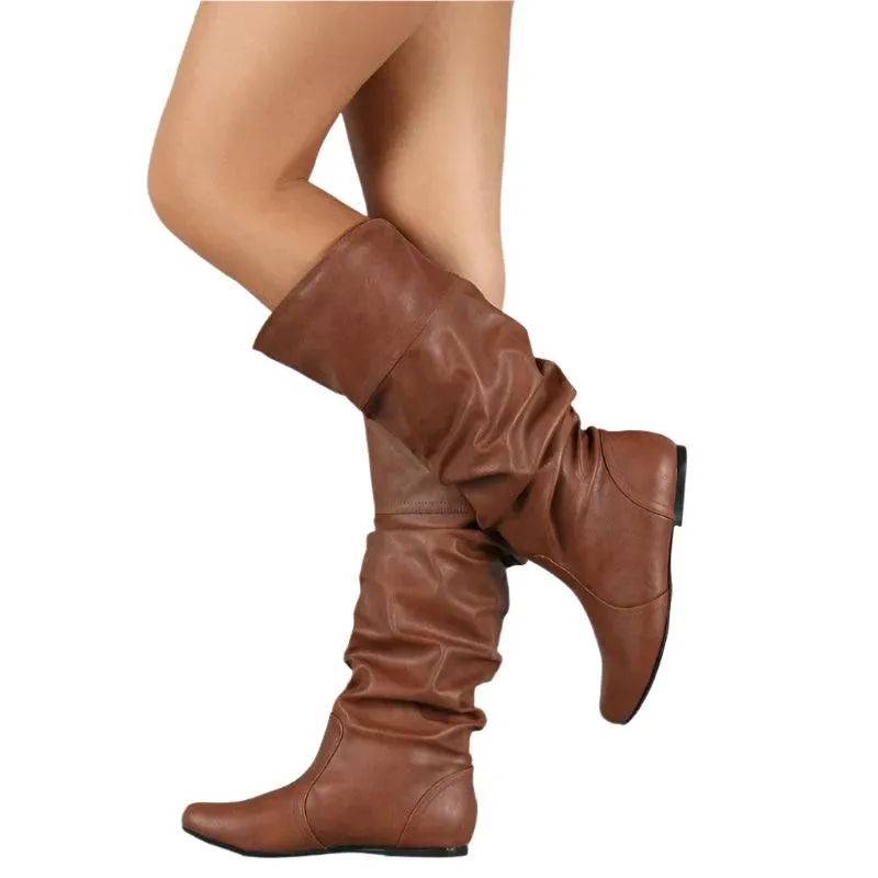 Women's Comfortable Fashion Pleated Long Mid-Calf Slip-On Winter Boots