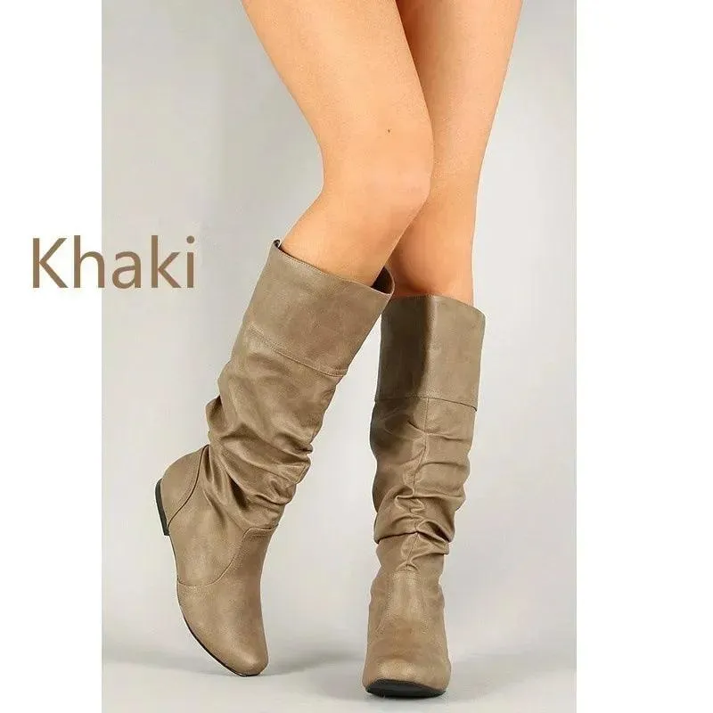 Women's Comfortable Fashion Pleated Long Mid-Calf Slip-On Winter Boots