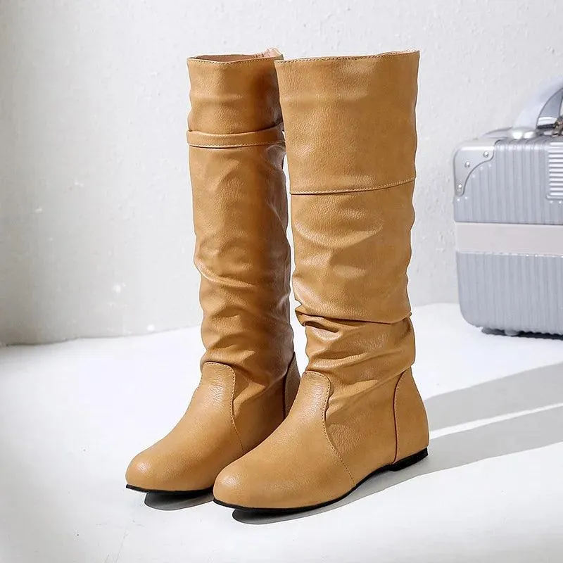 Women's Comfortable Fashion Pleated Long Mid-Calf Slip-On Winter Boots