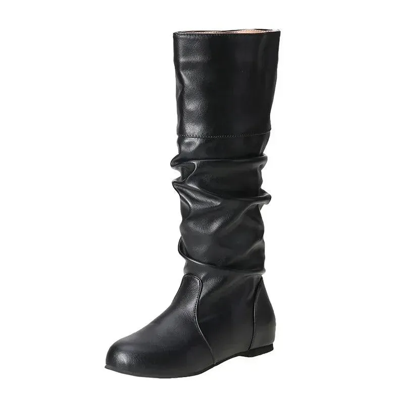 Women's Comfortable Fashion Pleated Long Mid-Calf Slip-On Winter Boots