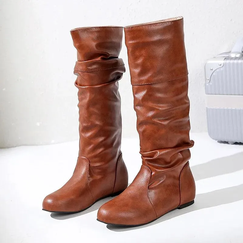 Women's Comfortable Fashion Pleated Long Mid-Calf Slip-On Winter Boots