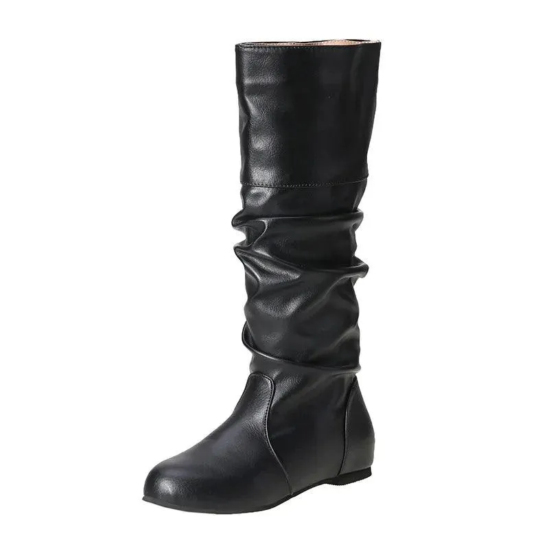 Women's Comfortable Fashion Pleated Long Mid-Calf Slip-On Winter Boots