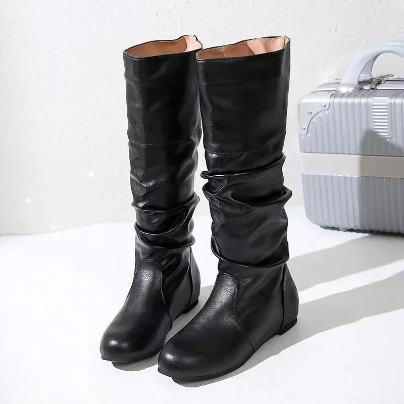 Women's Comfortable Fashion Pleated Long Mid-Calf Slip-On Winter Boots