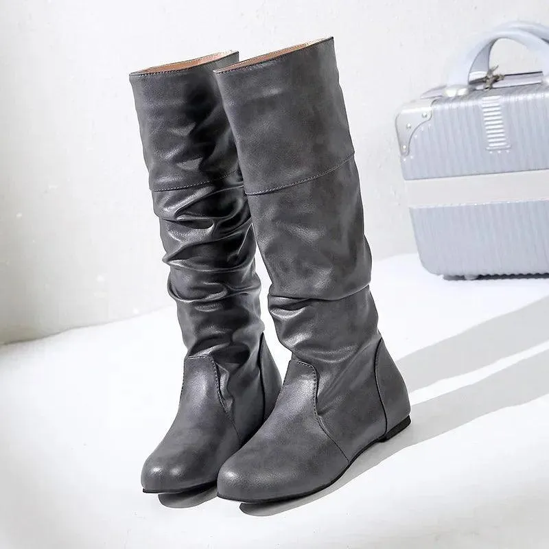 Women's Comfortable Fashion Pleated Long Mid-Calf Slip-On Winter Boots