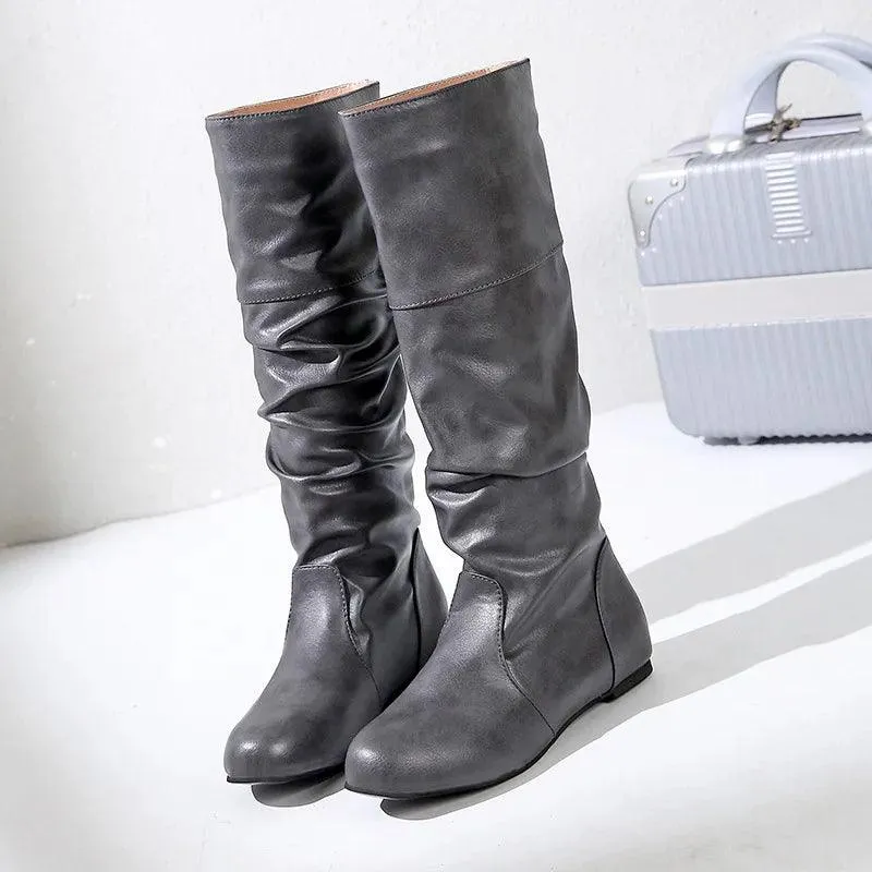 Women's Comfortable Fashion Pleated Long Mid-Calf Slip-On Winter Boots