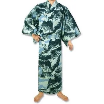 Yukata Unisex Cotton - Waves light blue-beige